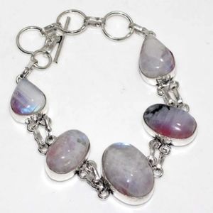 Rainbow Moonstone Silver Link Oval Teardrop Adjustable Bracelet